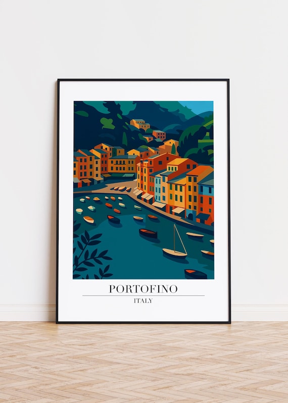 Portofino Italy Harbor Boats and Colorful Waterfront Houses Travel Poster