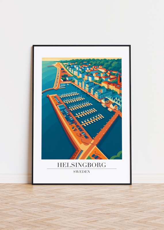 Helsingborg Sweden Harbor Aerial Marina Modern Illustration Travel Poster