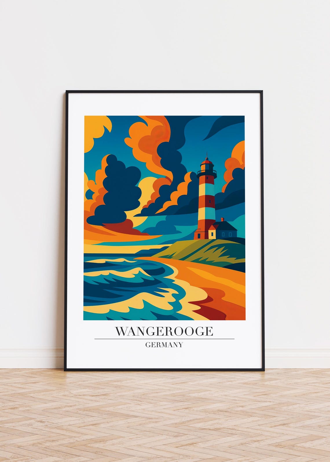 Wangerooge Germany Lighthouse Sunset Waves Retro Travel Poster