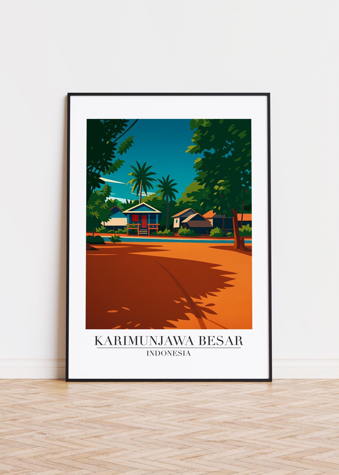 Karimunjawa Besar Indonesian Village Palms Travel Illustration Poster