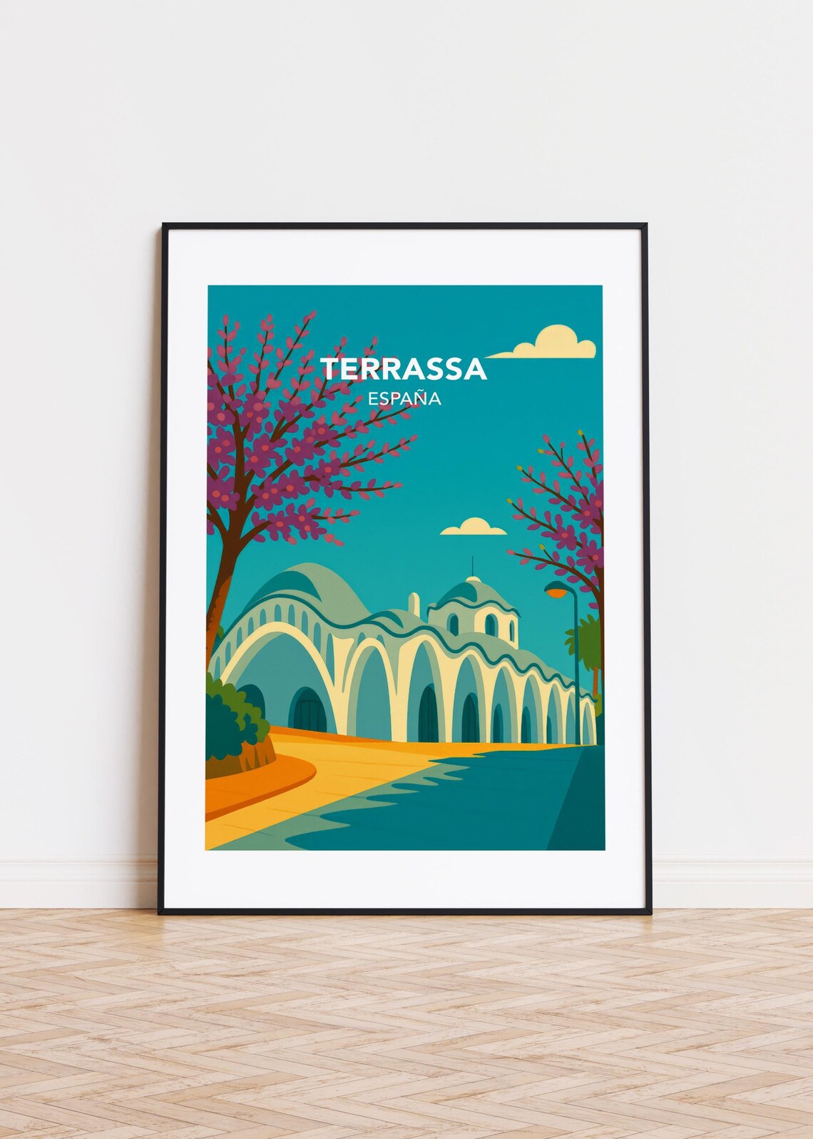 Terrassa España Modernist Arches Building Vintage Travel Poster