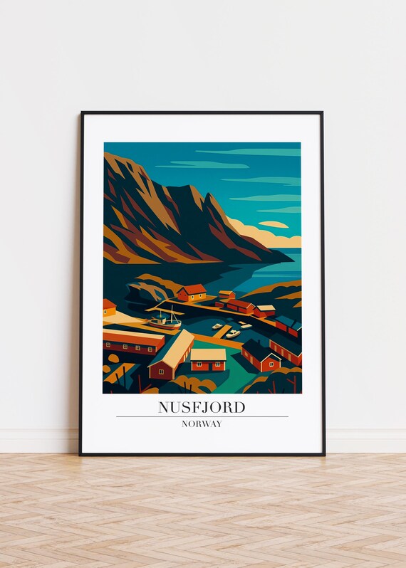 Nusfjord Norway Fishing Harbor Red Cabins Mountain Fjord Travel Poster