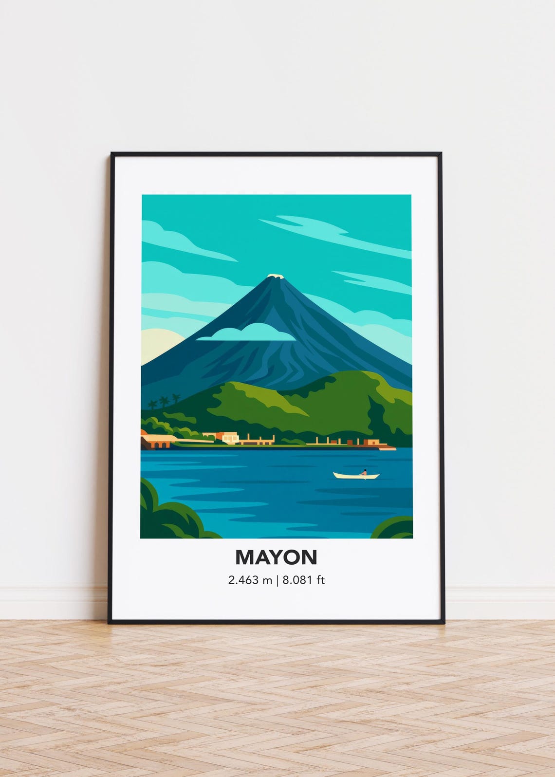 Mayon Volcano Minimalist Flat Art Illustration With Lake View Poster