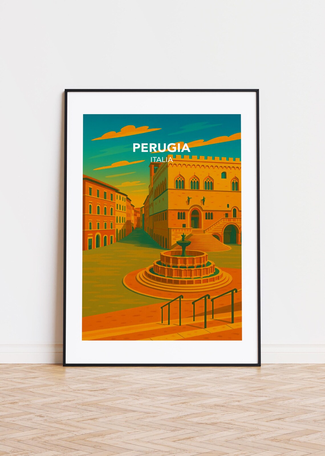 Perugia Italy Palazzo Fountain Maggiore Sunset Vintage Travel Poster