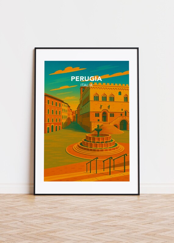 Perugia Italy Palazzo Fountain Maggiore Sunset Vintage Travel Poster