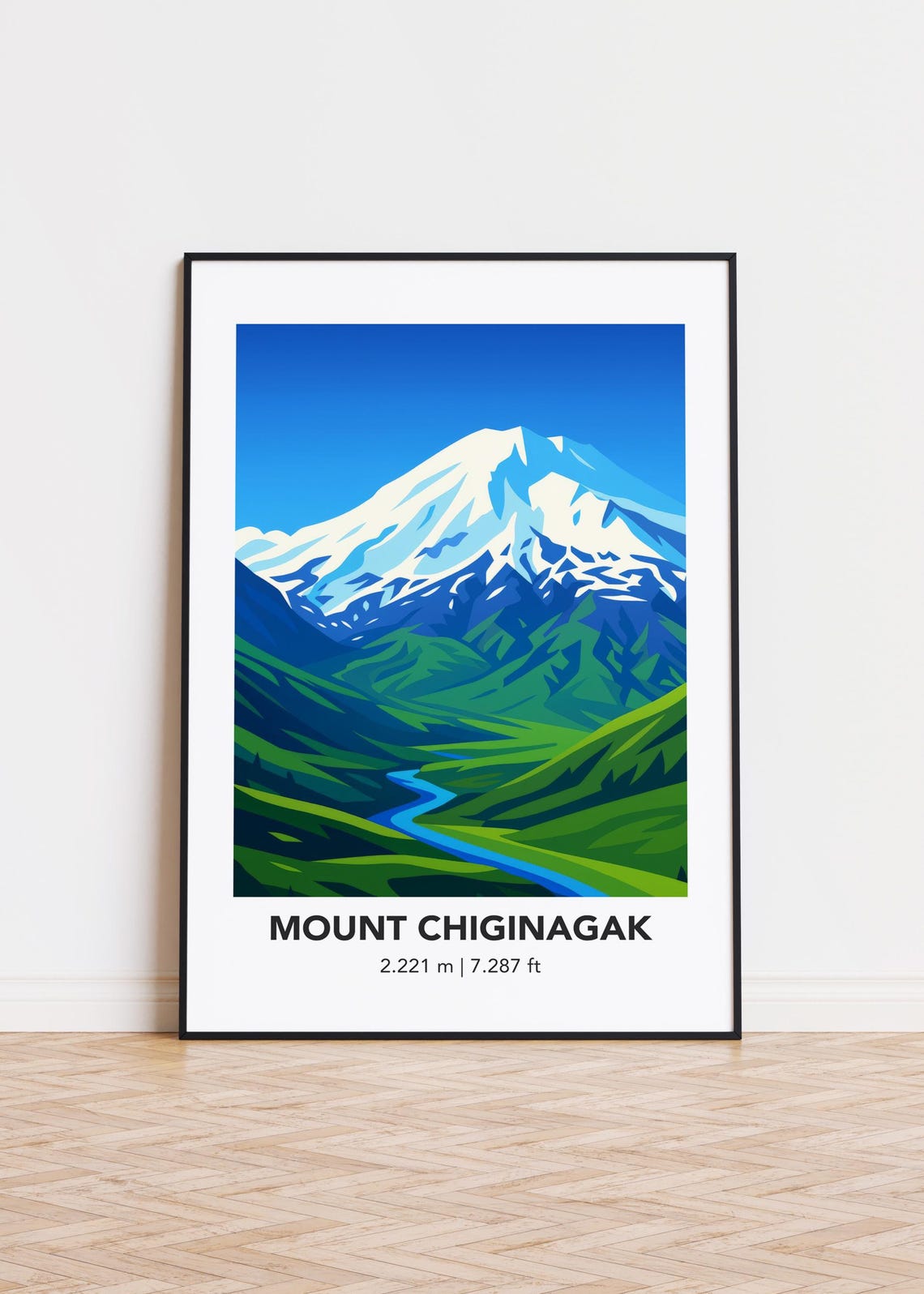 Mount Chiginagak Minimalist Snowy Peak and River Valley Poster