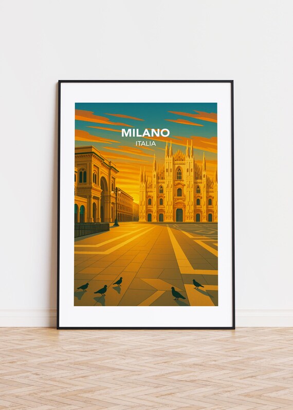 Milano Italy Duomo Cathedral Sunrise Piazza Vintage Travel Art Poster