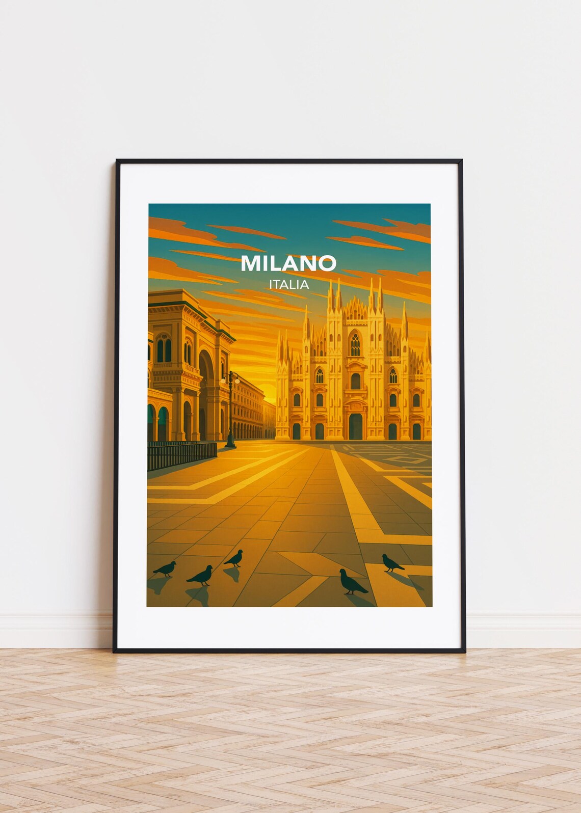 Milano Italy Duomo Cathedral Sunrise Piazza Vintage Travel Art Poster