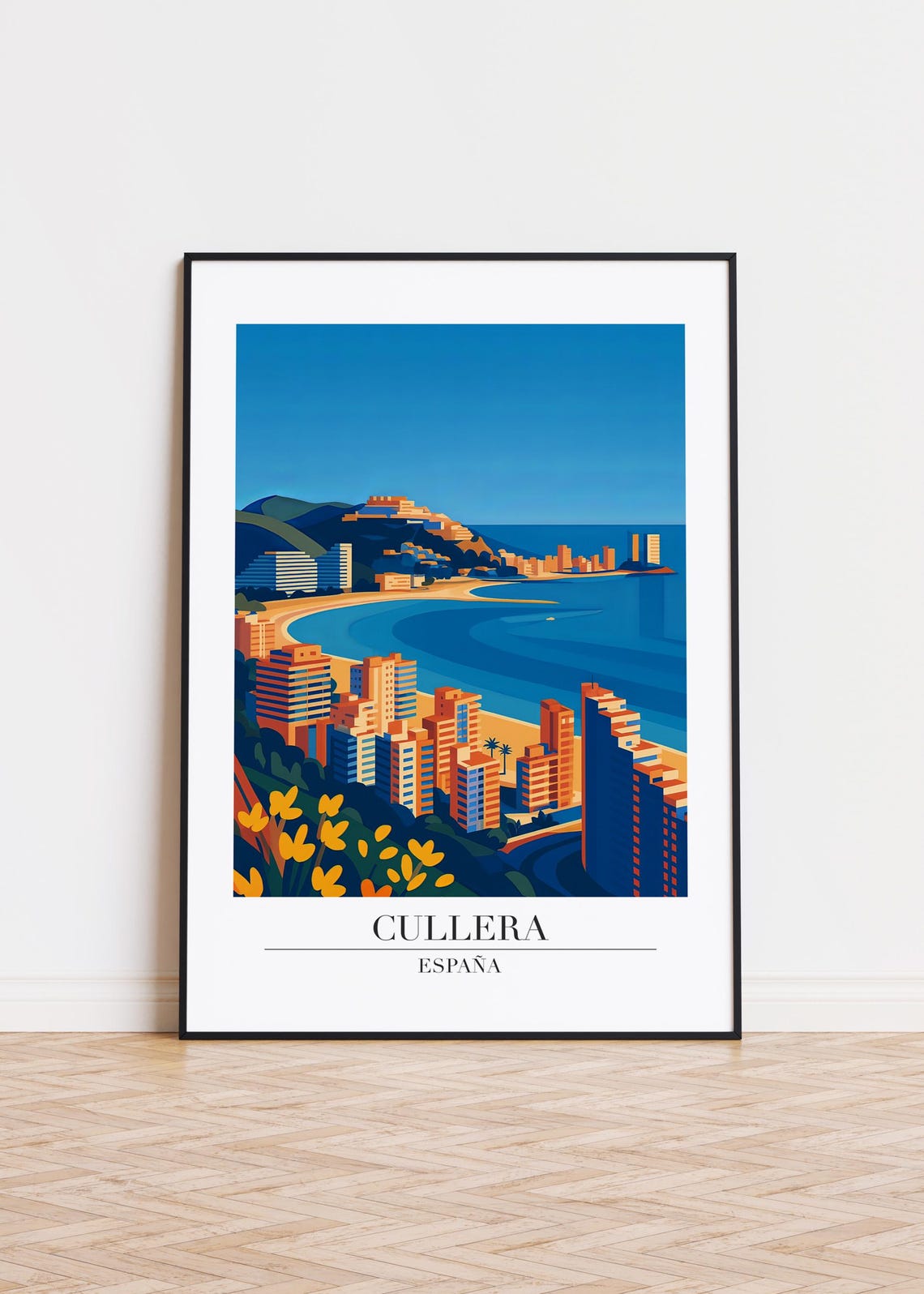 Cullera Spain Blue Bay and Beachfront Modern Travel Poster Artwork