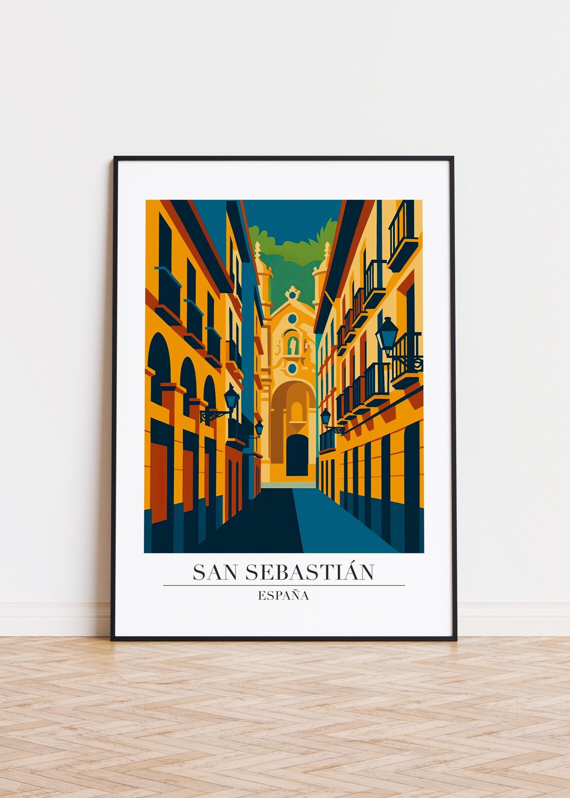 San Sebastian Spain Old Town Street Retro Travel Illustration Poster