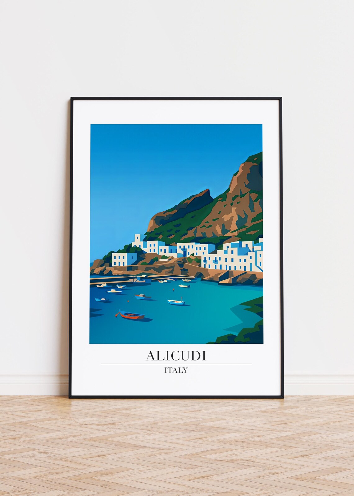 Alicudi Italy Whitewashed Village Fishing Boats Travel Poster