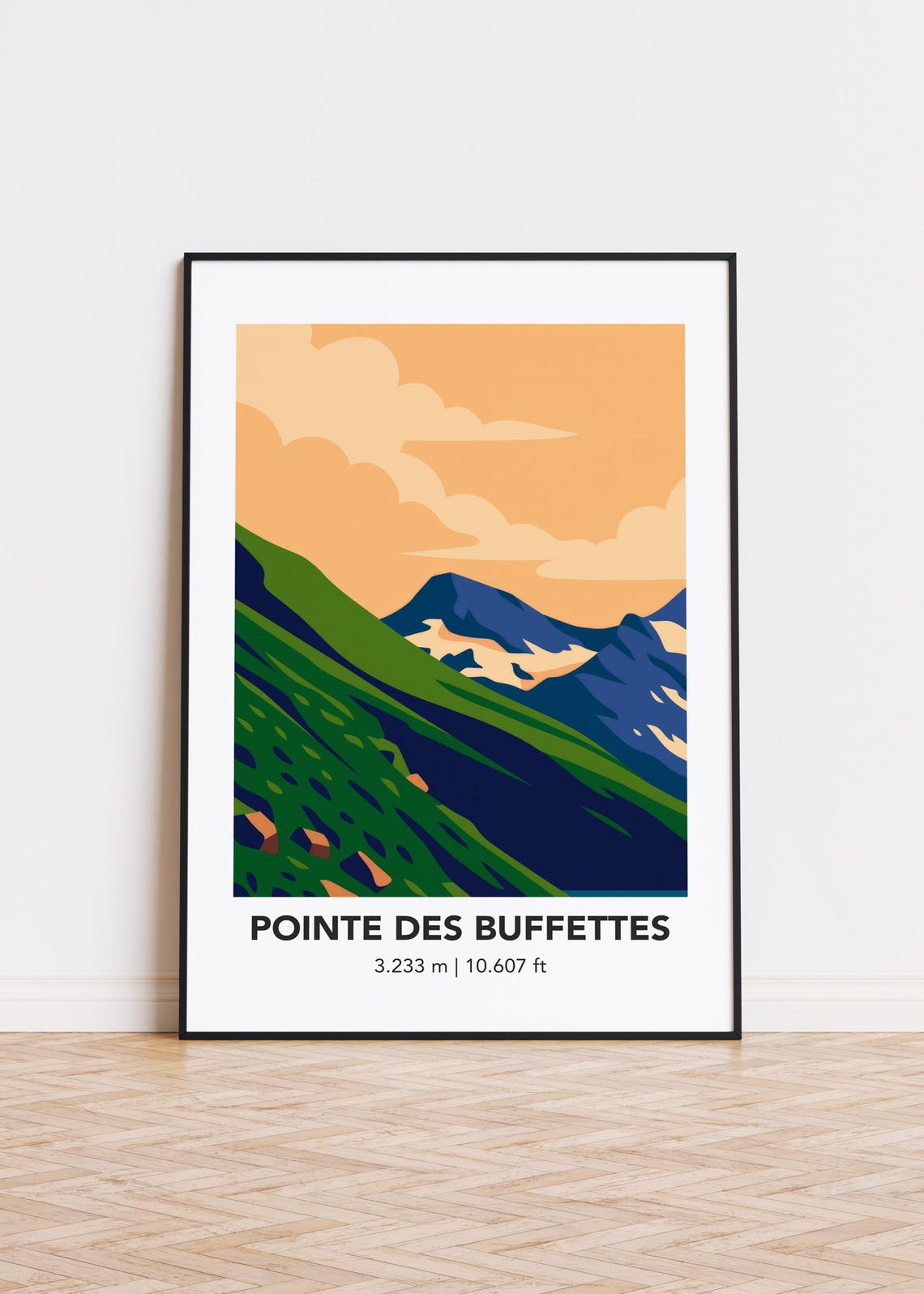 Pointe des Buffettes Mountain Illustration Poster Alps Green Peaks Art