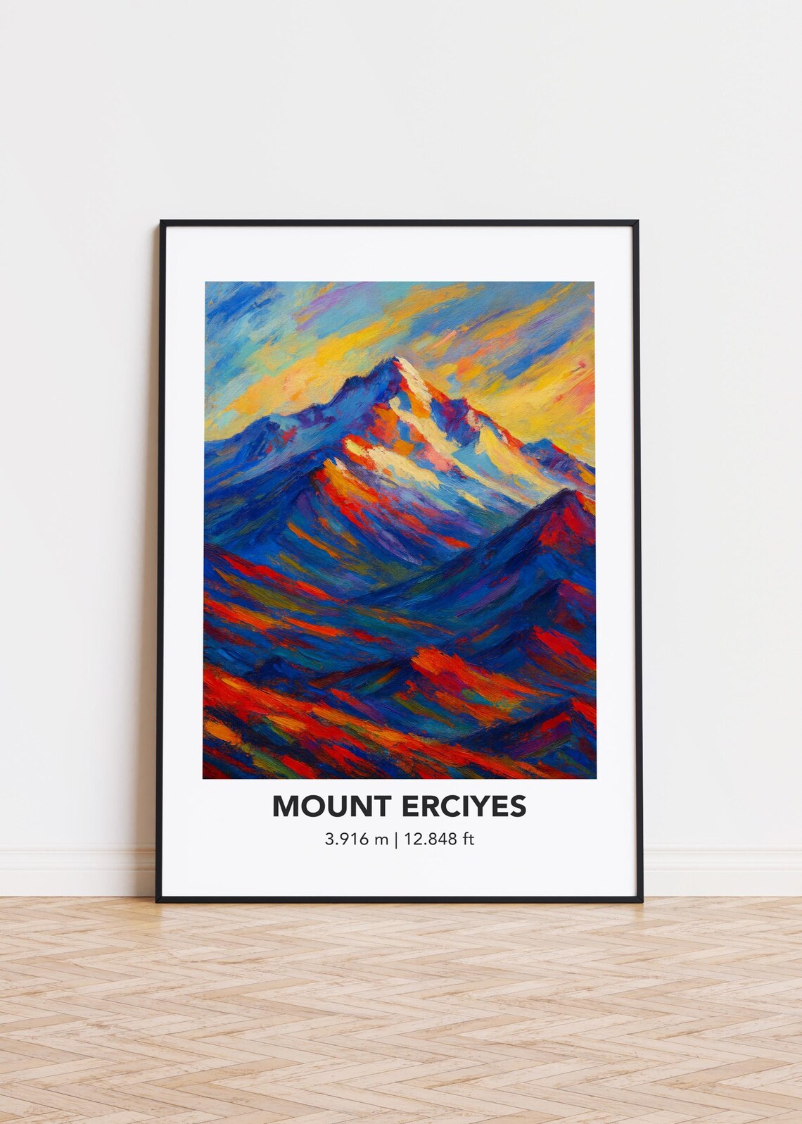 Mount Erciyes Sunset Snowcapped Peak Fiery Sky Oil Painting Poster