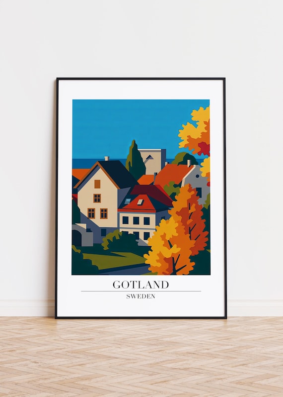 Gotland Sweden Autumn Village Houses Scandinavian Travel Poster