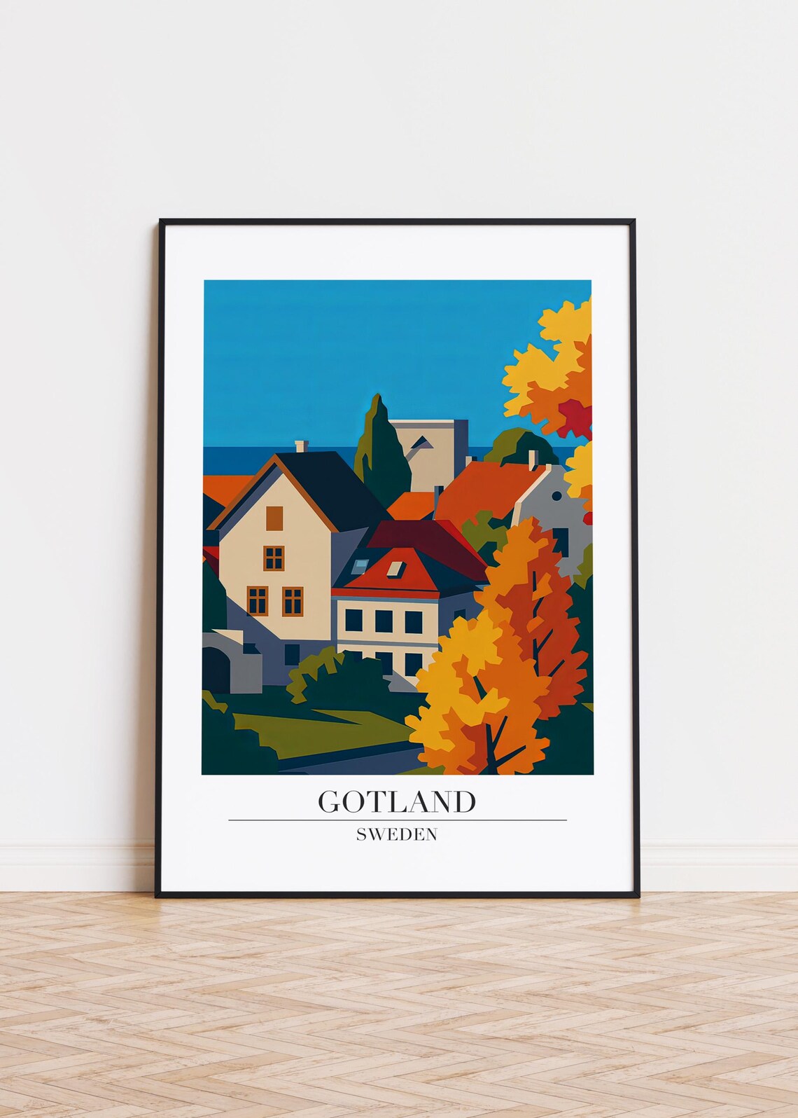 Gotland Sweden Autumn Village Houses Scandinavian Travel Poster