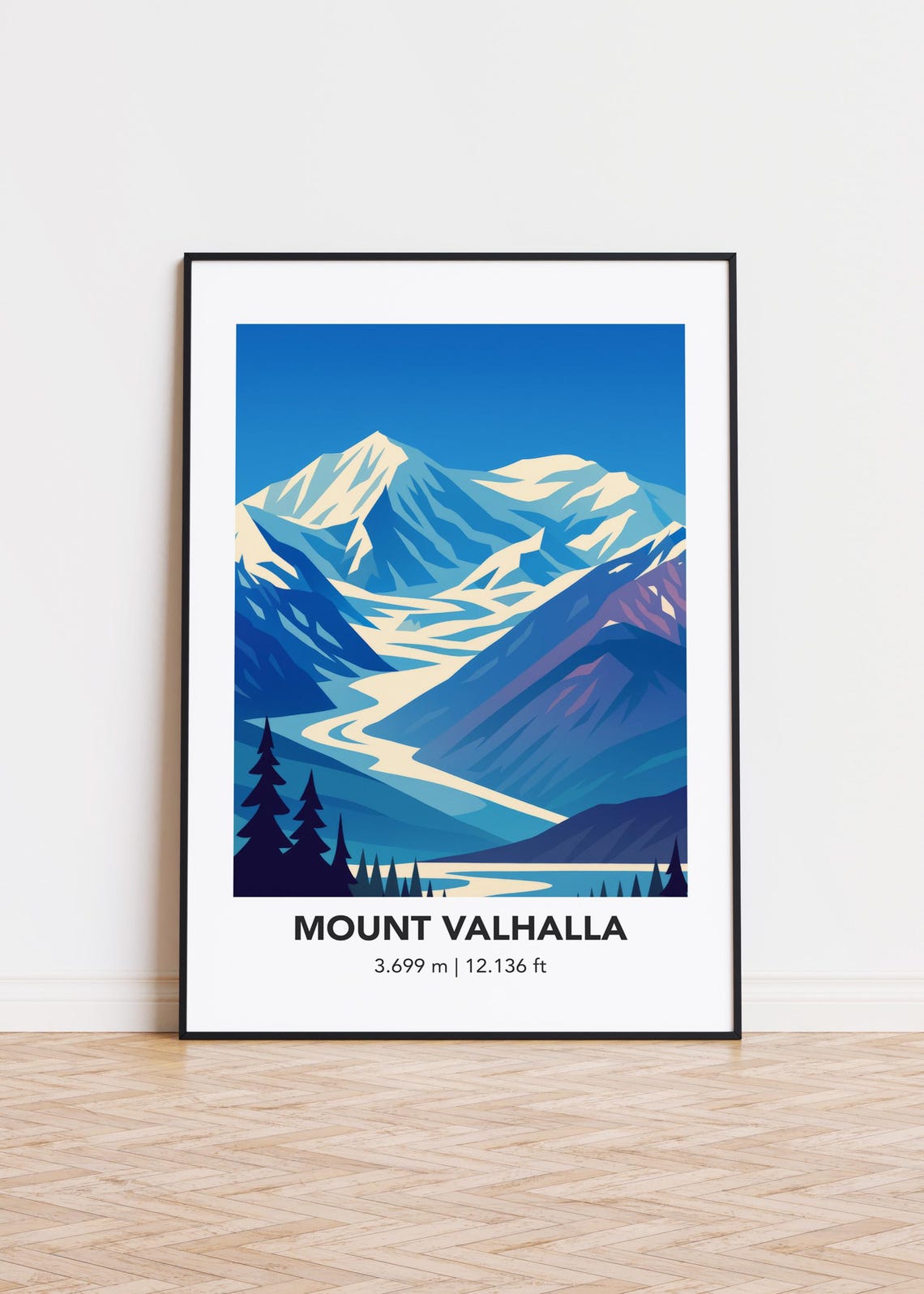 Mount Valhalla Snowy Glacier Valley Pine Forest Vintage Travel Poster