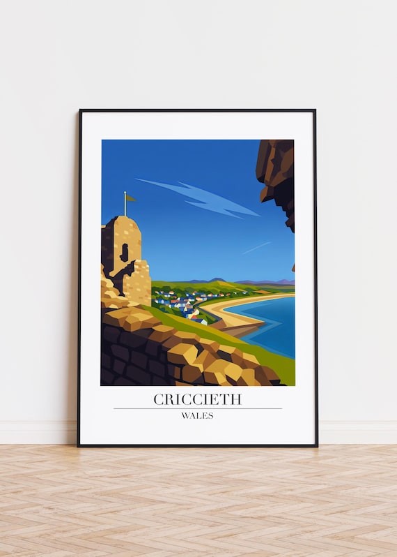 Criccieth Wales Castle Ruins Bay View Modern Travel Art Poster