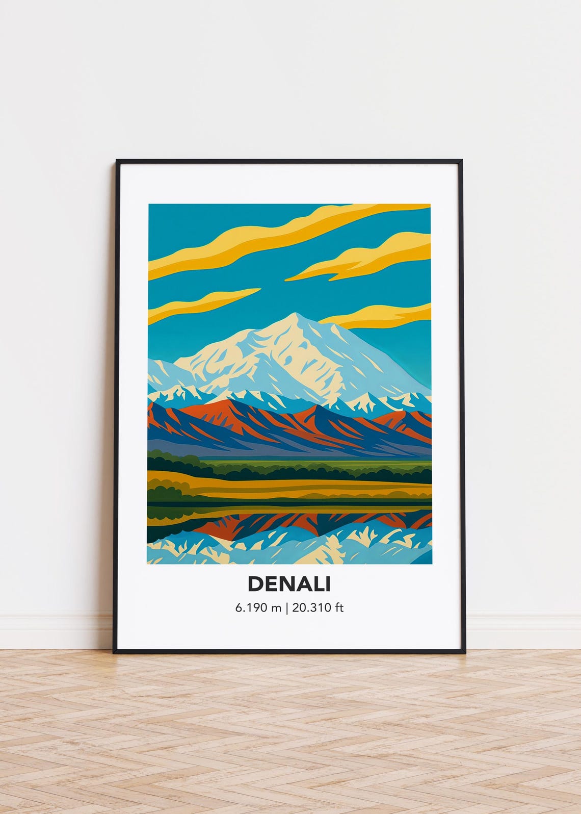 Denali Alaska Peak Mirror Lake Reflection Golden Sky Travel Poster