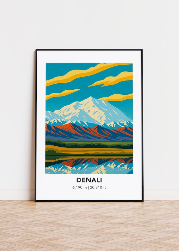 Denali Alaska Peak Mirror Lake Reflection Golden Sky Travel Poster