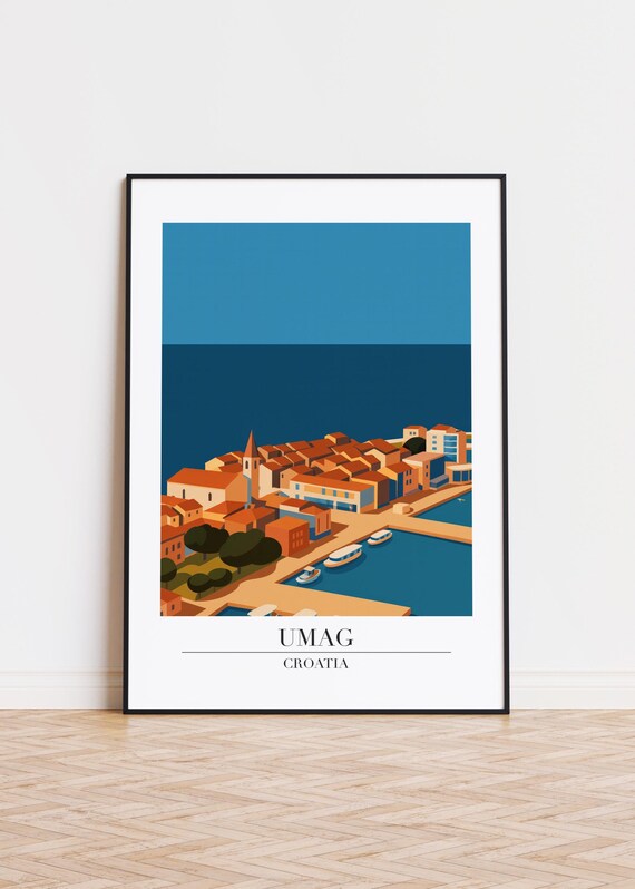 Umag Croatia Aerial Harbor View Red Rooftops Coastline Travel Poster