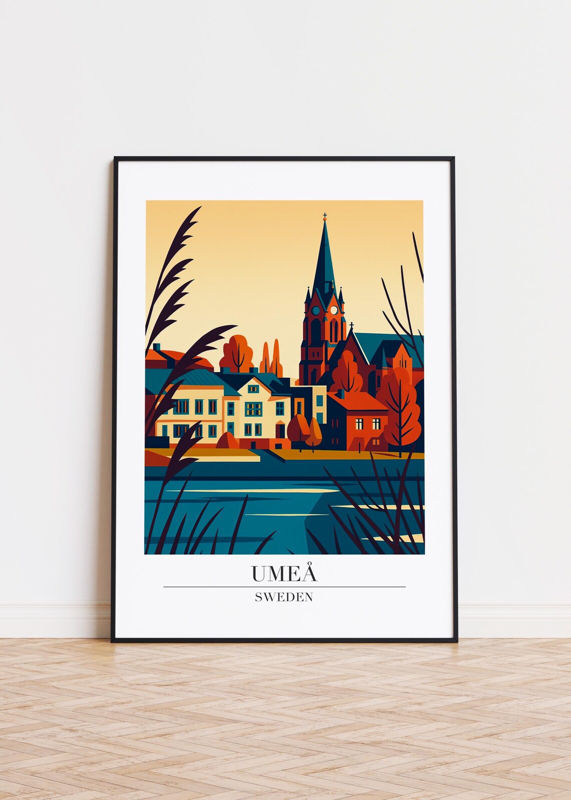 Umea Sweden Church Town Riverside Modern Scandinavian Illustration Poster