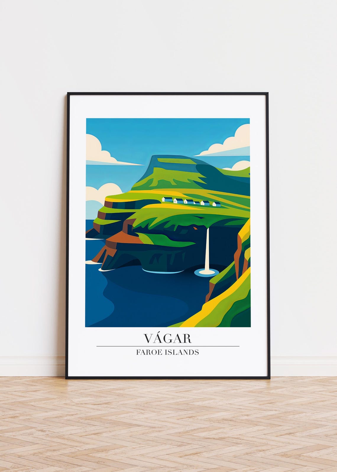 Vagar Cliff Waterfall Plunging Into Sea Faroe Islands Travel Poster