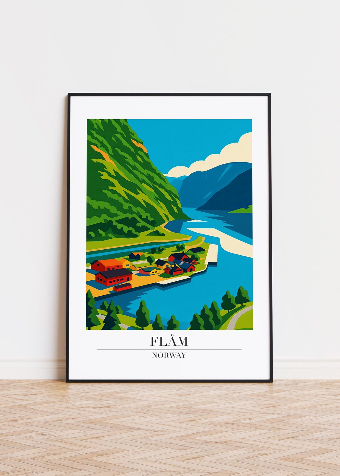 Flam Norway Fjord Village Green Mountainside Colorful Travel Poster