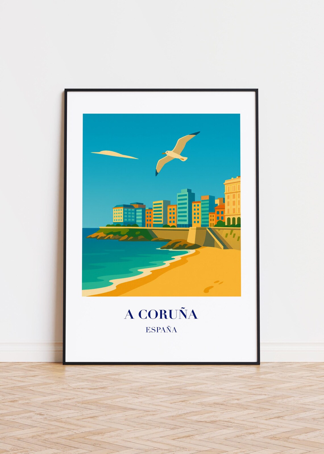A Coruna Spain Beach Seagull Coastal City Retro Travel Art Poster