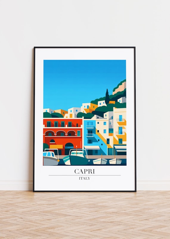 Capri Italy Colorful Harbor Boats Hillside Houses Travel Poster