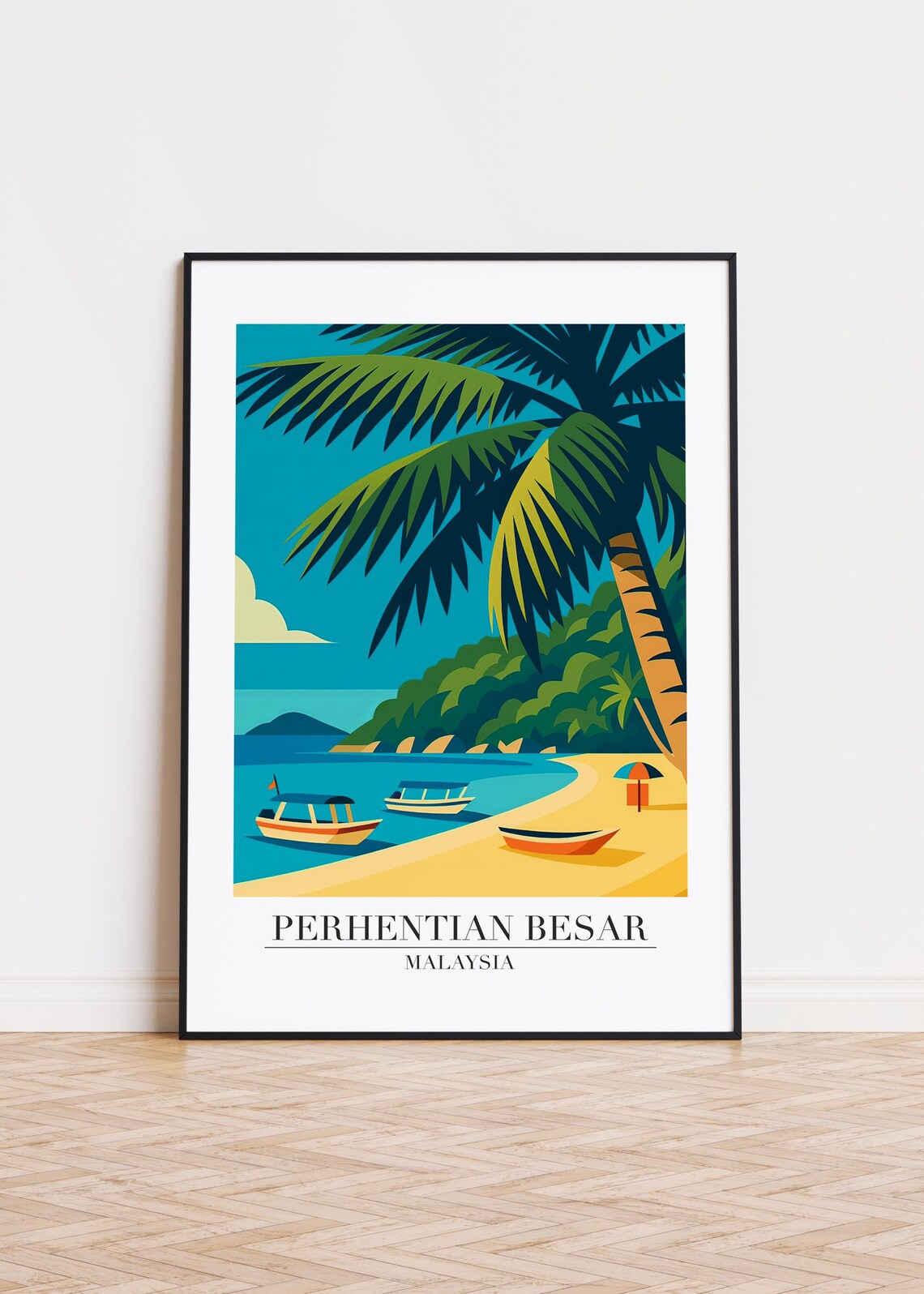 Perhentian Besar Malaysia Beach Boats Palm Modern Travel Poster