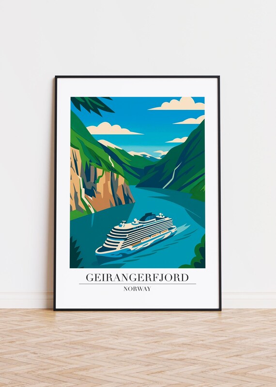 Geirangerfjord Norway Cruise Ship on the Fjord Travel Illustration Poster