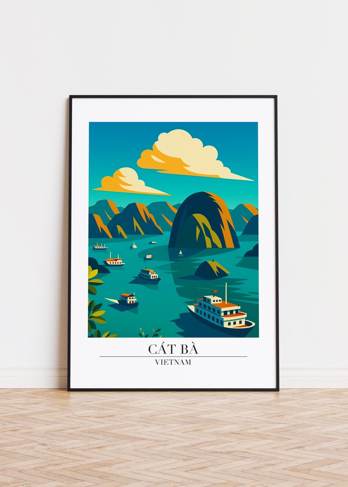 Cat Ba Vietnam Limestone Karsts Cruise Boats Bay Illustration Poster