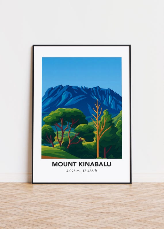 Mount Kinabalu Poster Illustrated Mountain Art Print