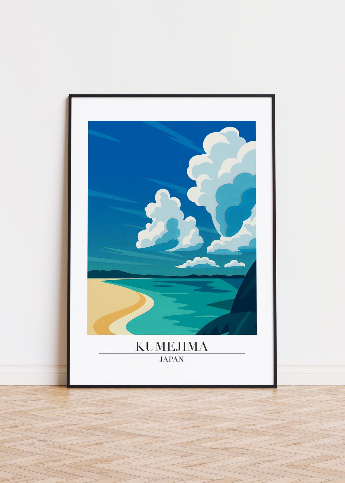 Kumejima Japan Curved Beach Turquoise Sea Dramatic Clouds Poster
