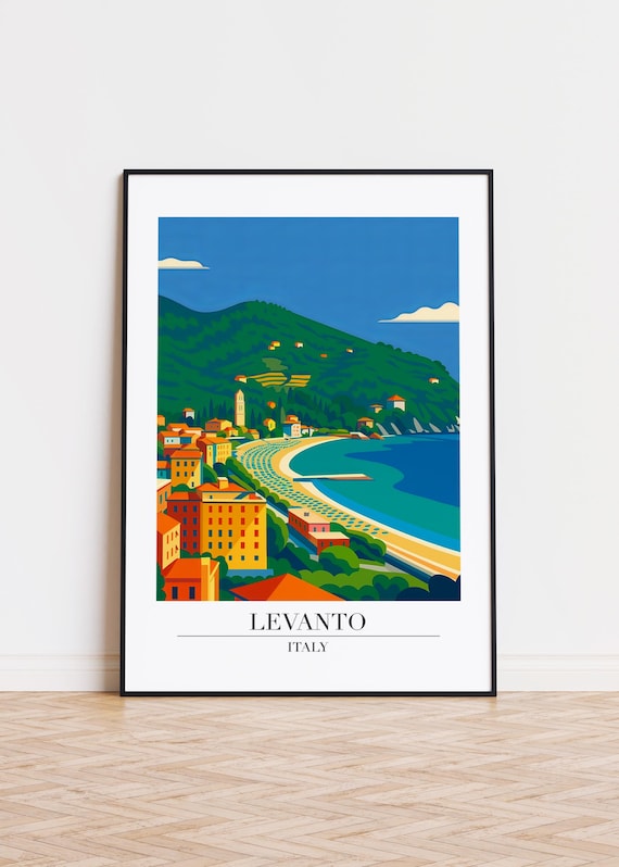 Levanto Italy Colorful Coastal Town Bay Green Hills Minimalist Travel Poster