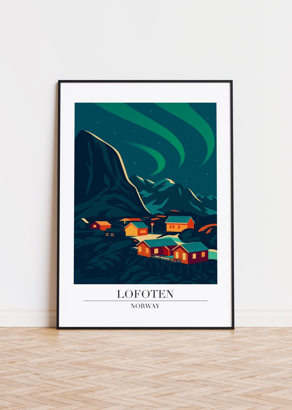 Lofoten Norway Northern Lights Aurora Village Night Travel Poster