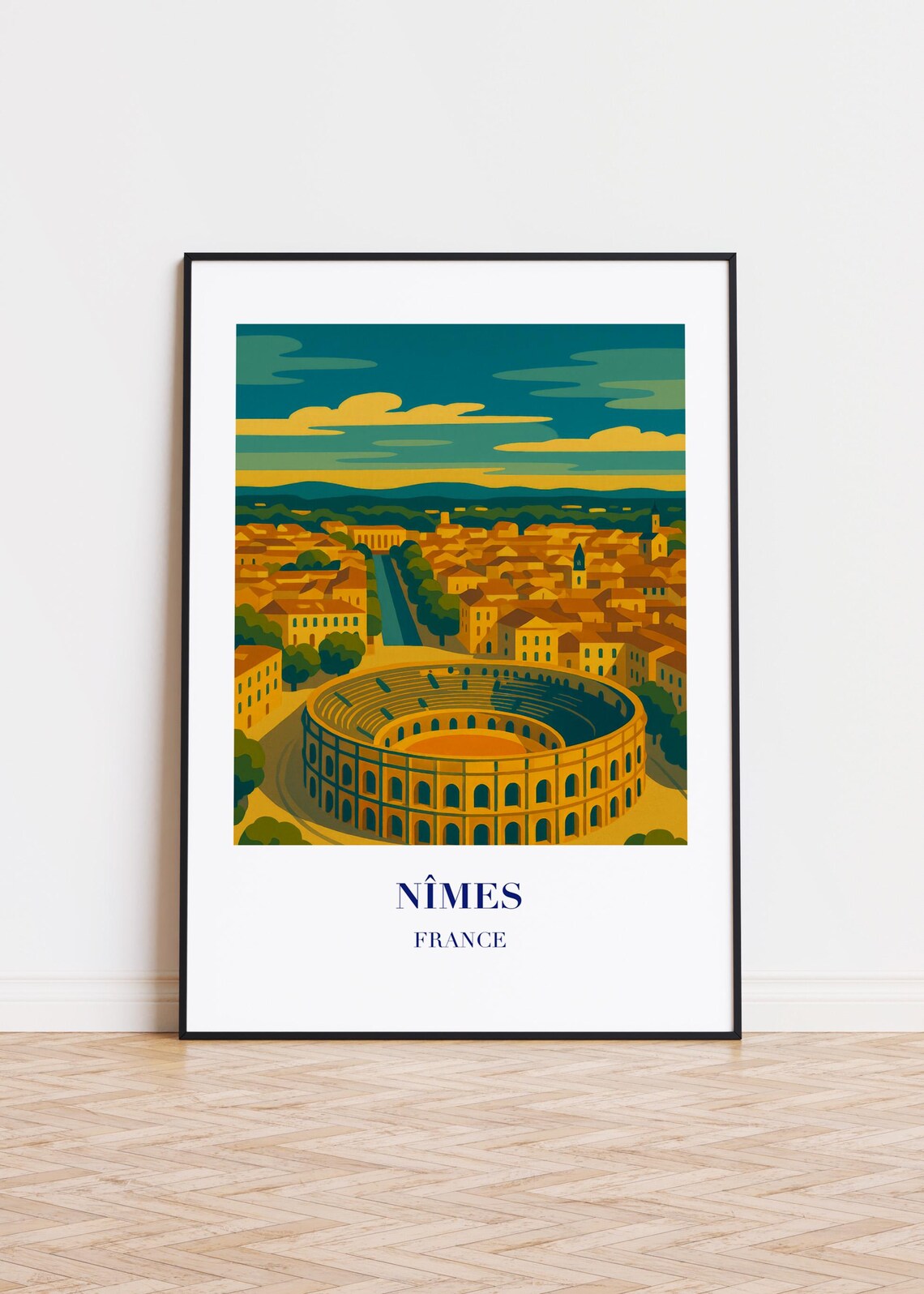 Nimes France Roman Amphitheater Panorama Golden Retro Travel Poster