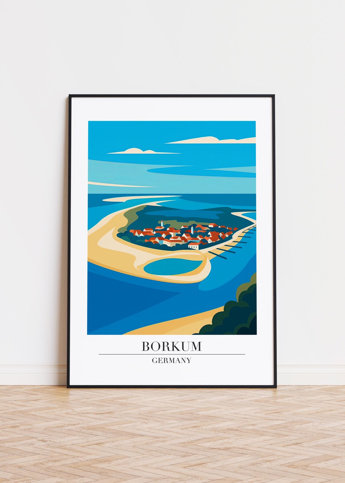 Borkum Germany Island Aerial Seaside Village Colorful Modern Illustration Poster