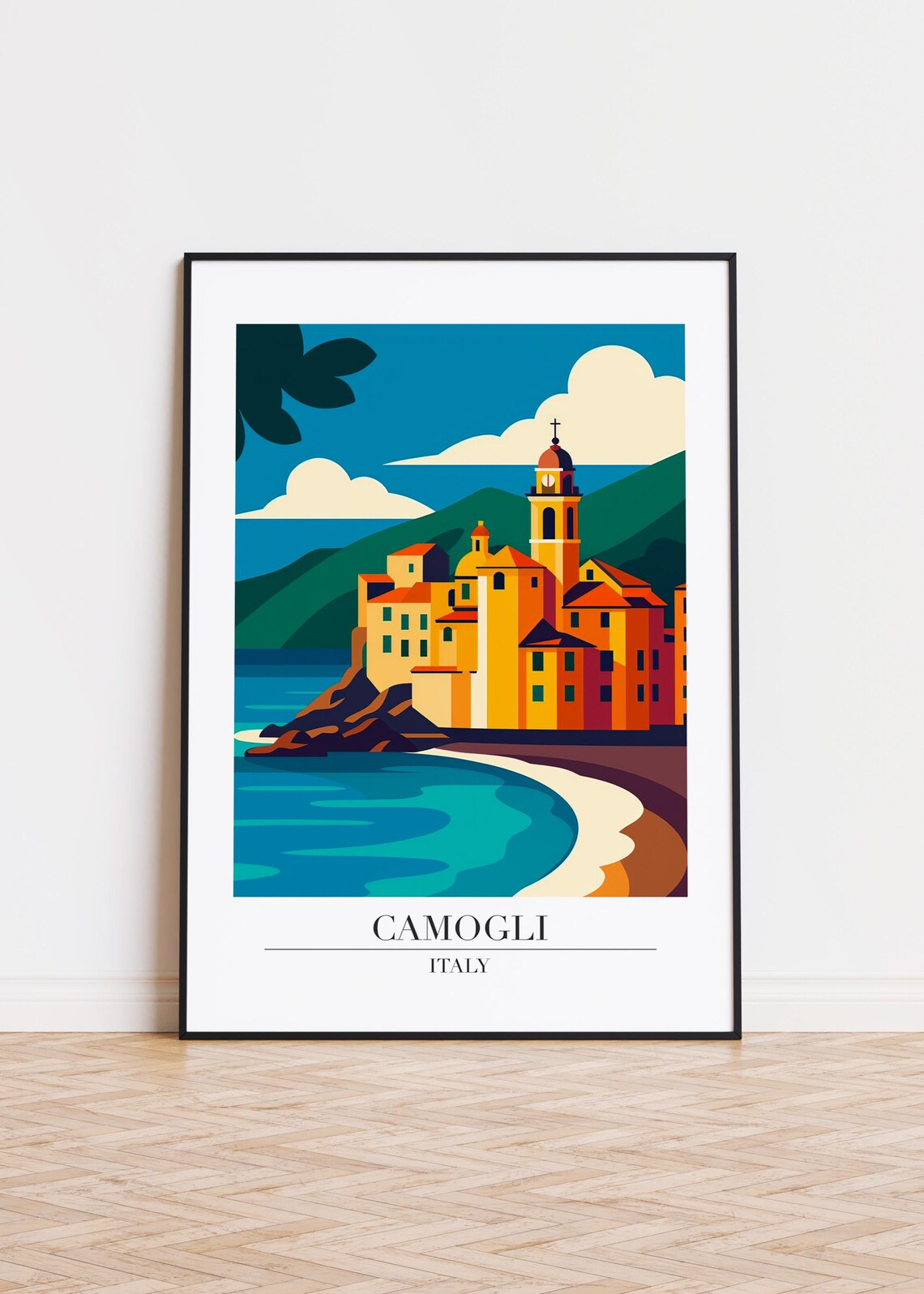 Camogli Italy Seaside Church on Rocky Shore Turquoise Cove Travel Poster