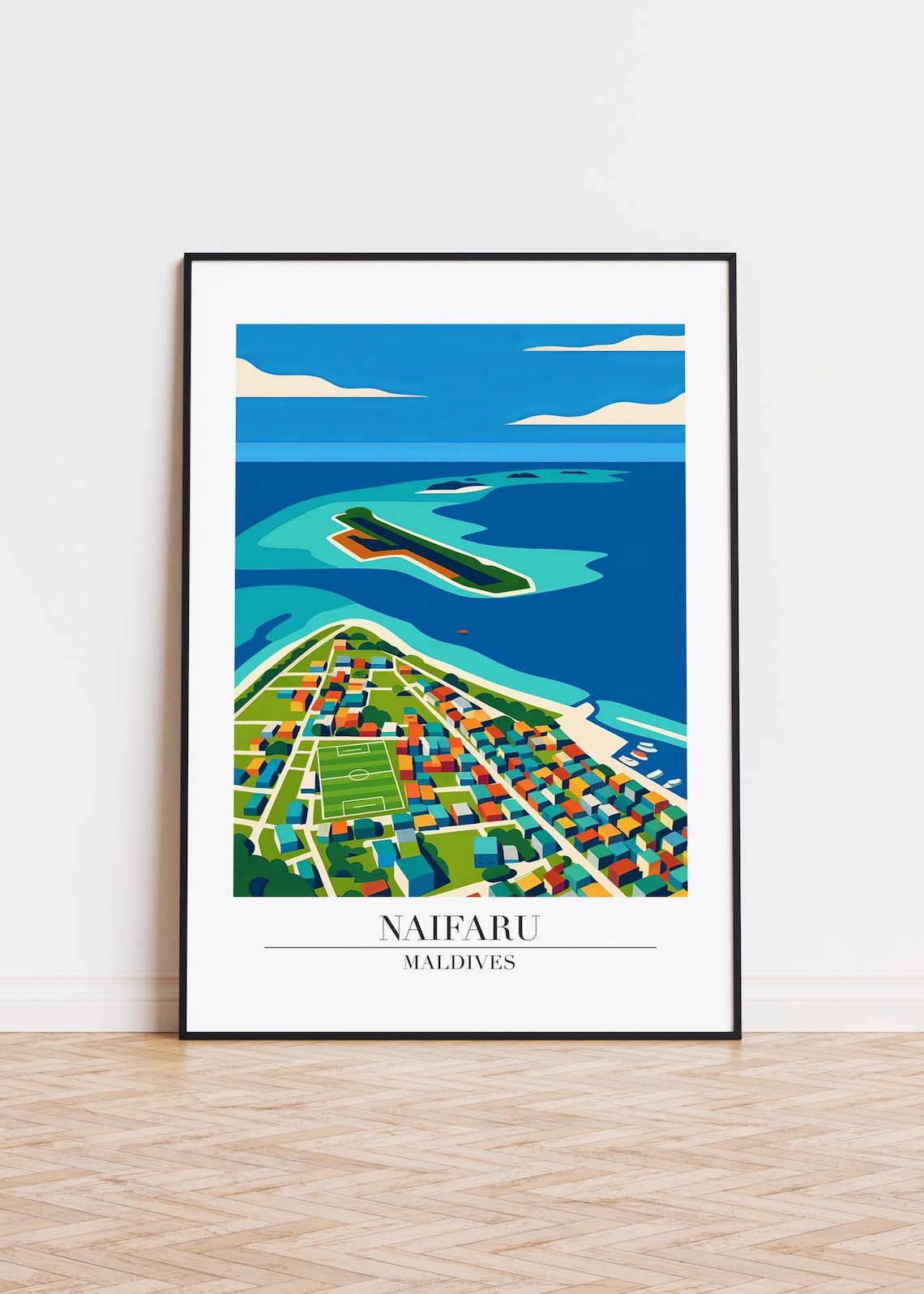 Naifaru Maldives Island Town Aerial Harbor View Modern Travel Poster