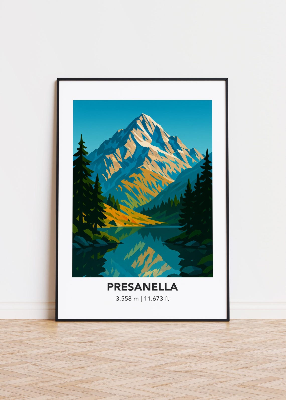 Presanella Alpine Peak Lake Reflection Modern Illustration Poster