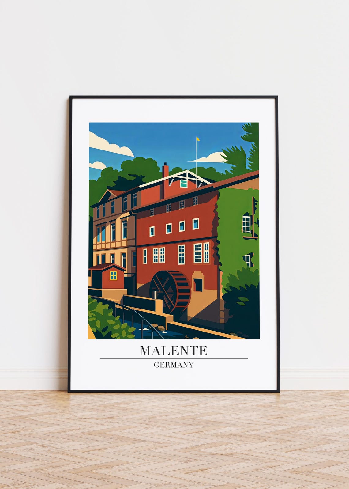 Malente Germany Historic Red Brick Watermill Vintage Travel Poster