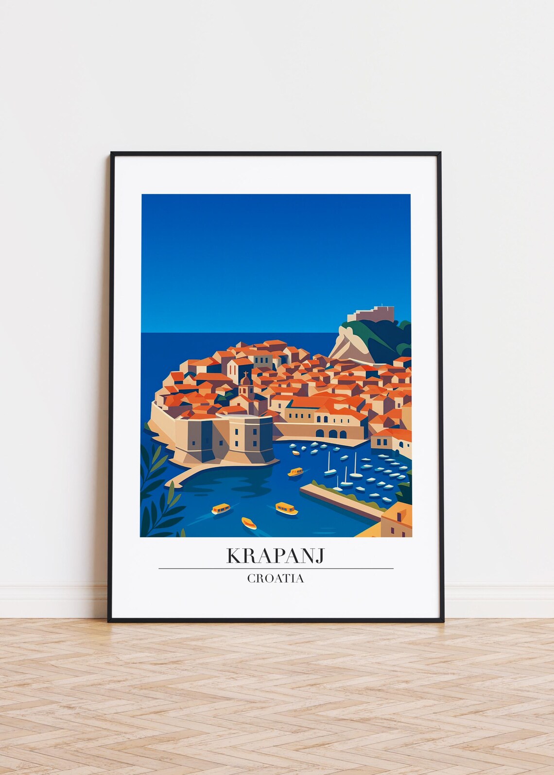 Krapanj Croatia Old Town Harbor Stone Walls Retro Travel Poster