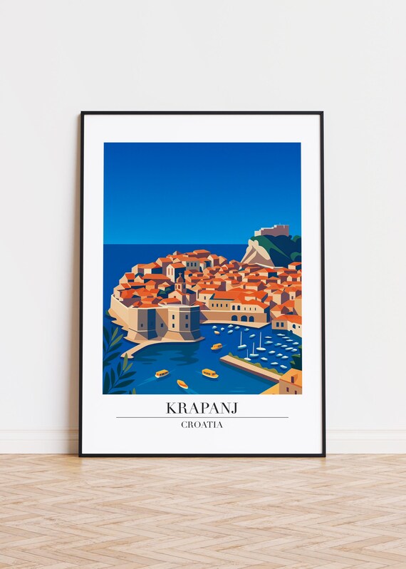 Krapanj Croatia Old Town Harbor Stone Walls Retro Travel Poster