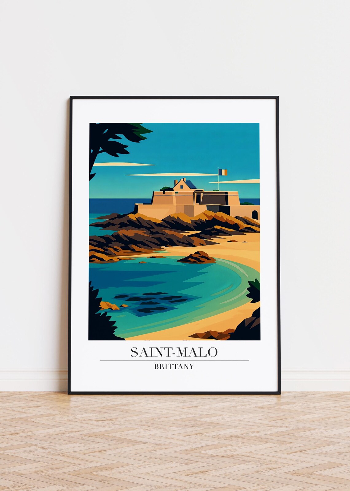 Saint Malo Brittany Seaside Fortress Beach Retro Travel Poster