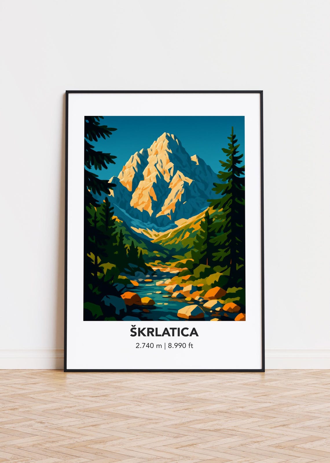 Skrlatica Peak 2740M Retro Alpine Travel Poster With Valley Scene