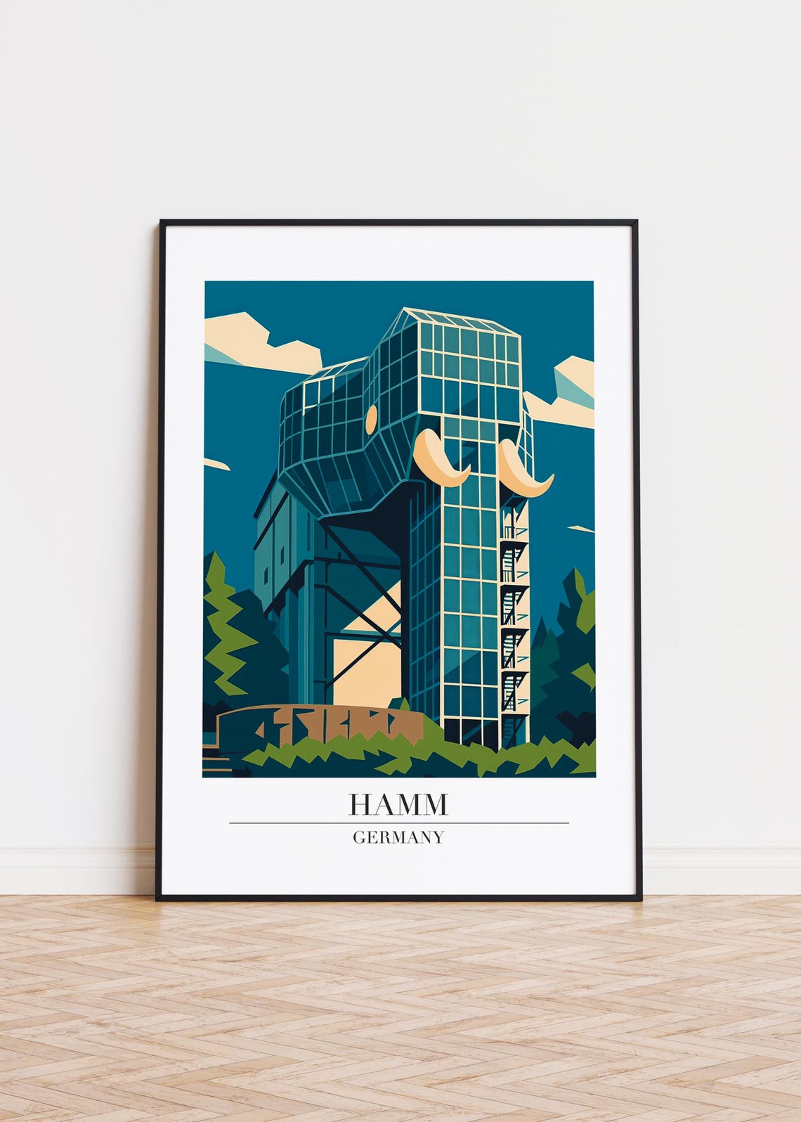 Hamm Germany Iconic Glass Elephant Tower Geometric Travel Poster