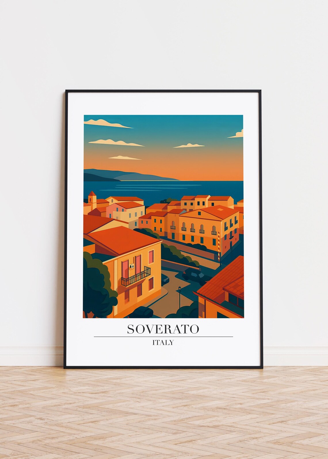Soverato Italy Sunset Coastal Town Illustration with Ocean View Travel Poster