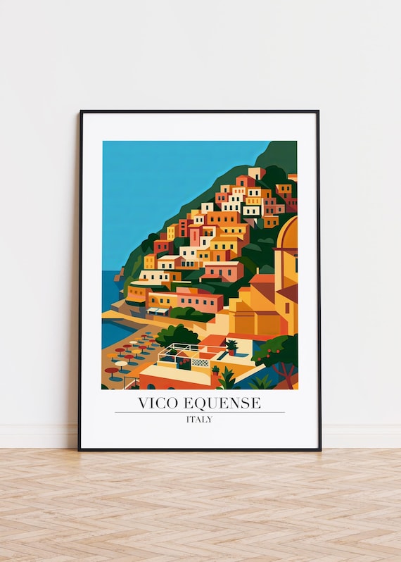 Vico Equense Italy Beach Umbrellas and Hillside Town Travel Poster