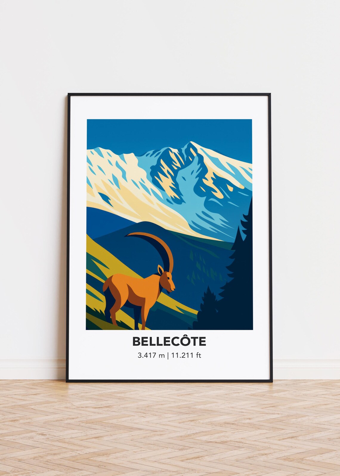 Bellecote Alpine Ibex Poster Snowy Peak Wildlife Mountain Animal Art